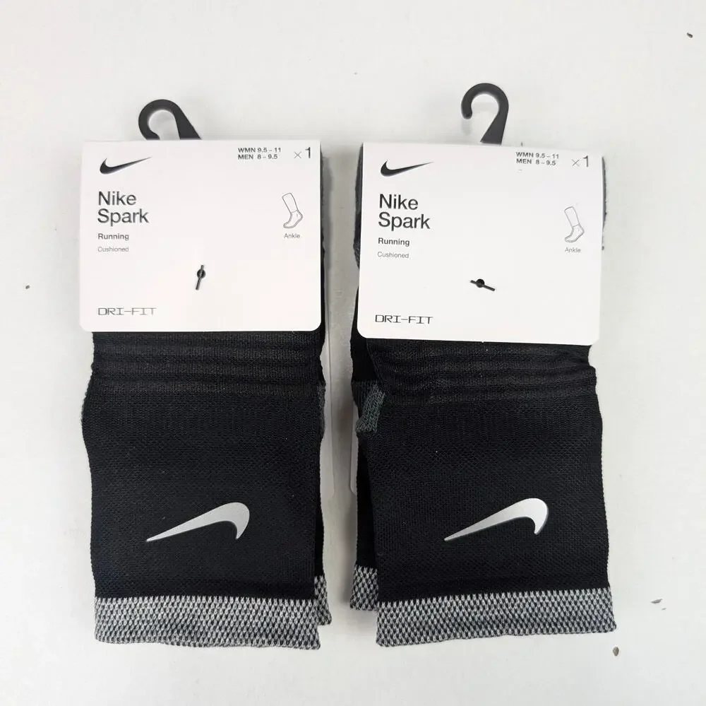 Nike Spark Black Ankle Running Socks 2 Pair Bundle - W9.5-11 - M8-9.5